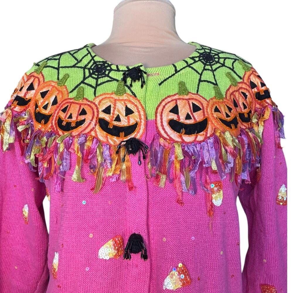 Vintage Halloween Pumpkin Sweater Spider Web Fringe Candy Corn Beaded Novelty